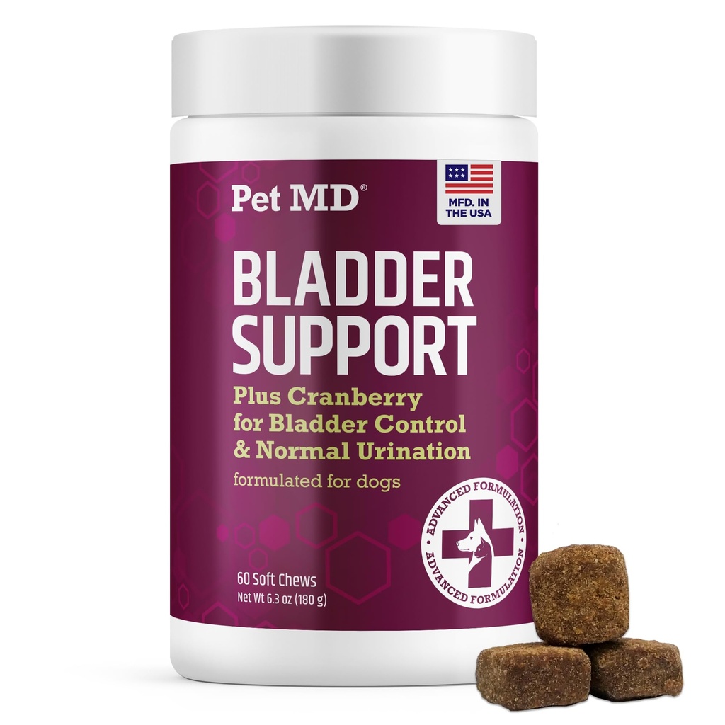 Pet MD Bladder Support Plus Cranberry pour chiens - Soutien Contrôle de la vésicule et santé de l'urine - Aide pour soulager le chien UTI & Incontinence - Wild Yam Root & Cranberry Bladder Bites pour chiens - 60 ct
