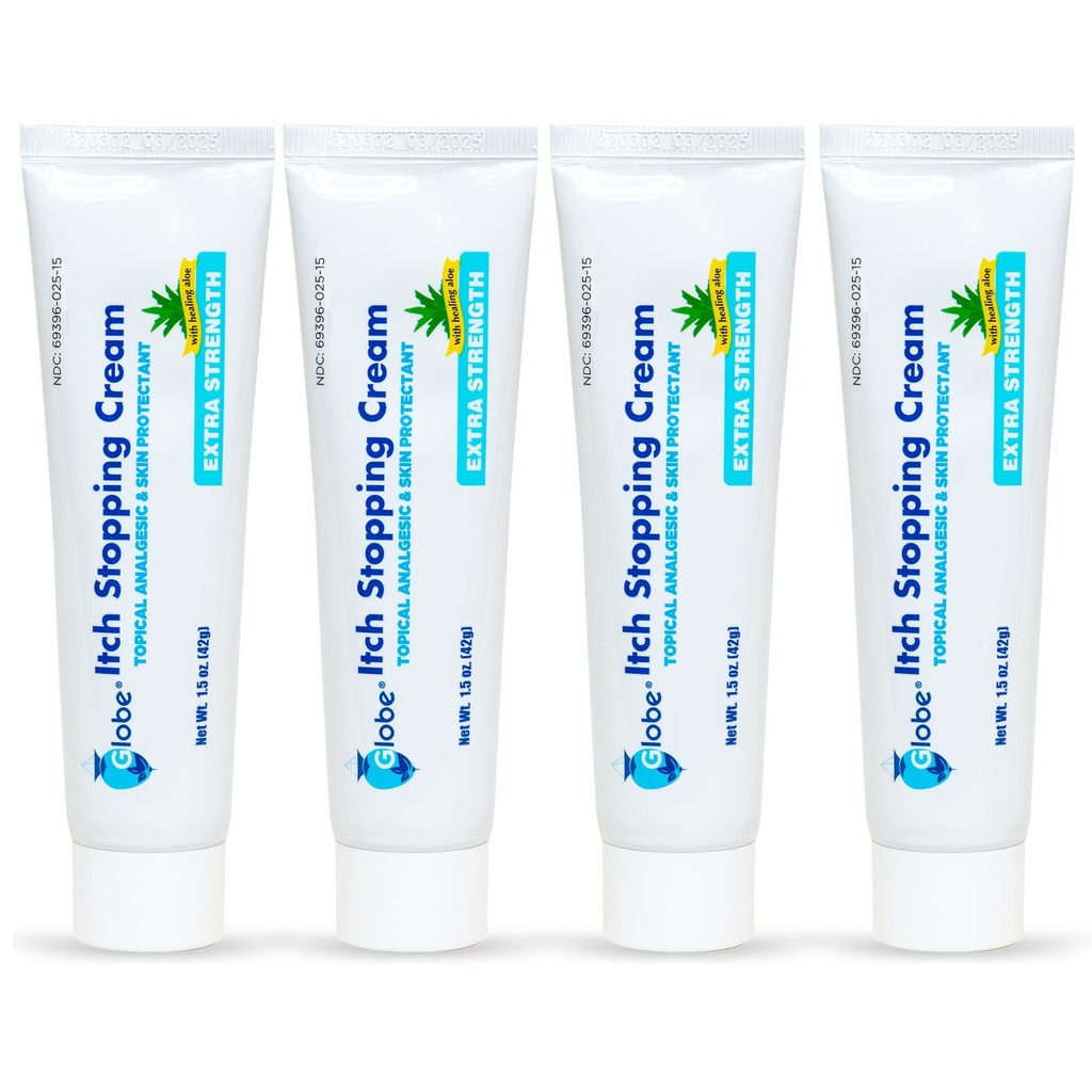 (4 Pack) Globe Extra Strength Ditch Stopping Anti-Itch Cream 1,5 Oz avec Histamine Blocker, Diphenhydramine HCl Sujet Analgésique et Zinc Acetate Protection de la peau pour le soulagement de la plupart des démangeaisons extérieures