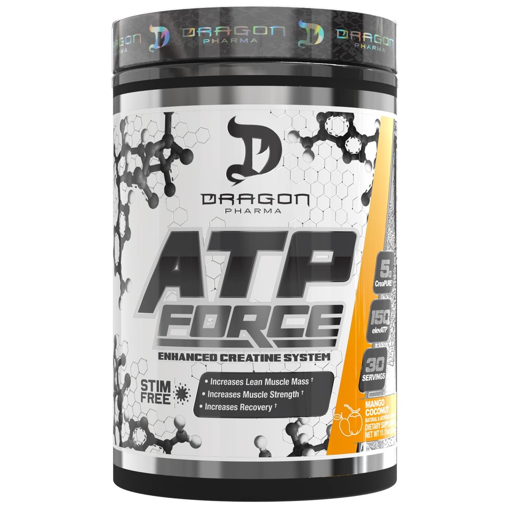 DRAGON PHARMA ATP Force Enhanced Creatine System, Stim-Free, Increase Lean Muscle Mass & Recovery, 5 Gram of CreaPure, Verbetert de bloedstroom (30 Servings, Mango Coconut)