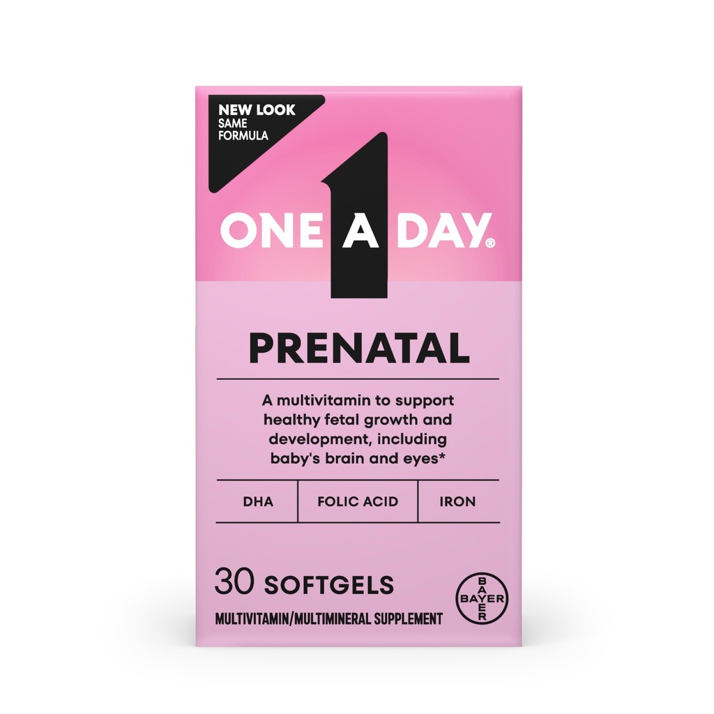 One A Day Prenatal Vitamins- Folic Acid, Iron, Omega- 3 (DHA), Pregnancy Vitamins for Women, Prenatal Multivitamin for Mom and Baby Support, Pregnancy Must Haves 30 Ct (Packaging May Vary)