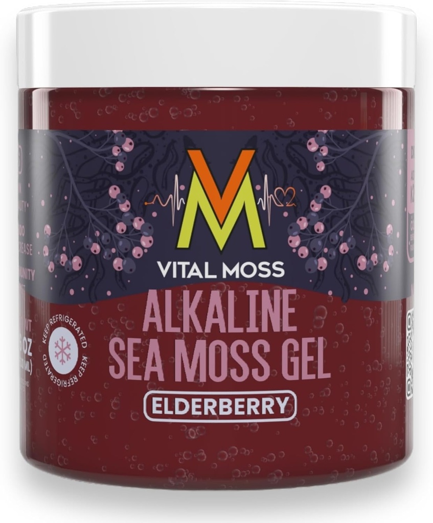 VitalMoss Elderberry Irish Sea Moss Gel, St Lucia Wildcrafted Alkaline met Mineralen Vitaminen en Antioxidanten, Schildklier en Immuun Ondersteuning Supplement, Raw, Vegan Friendly, 16oz