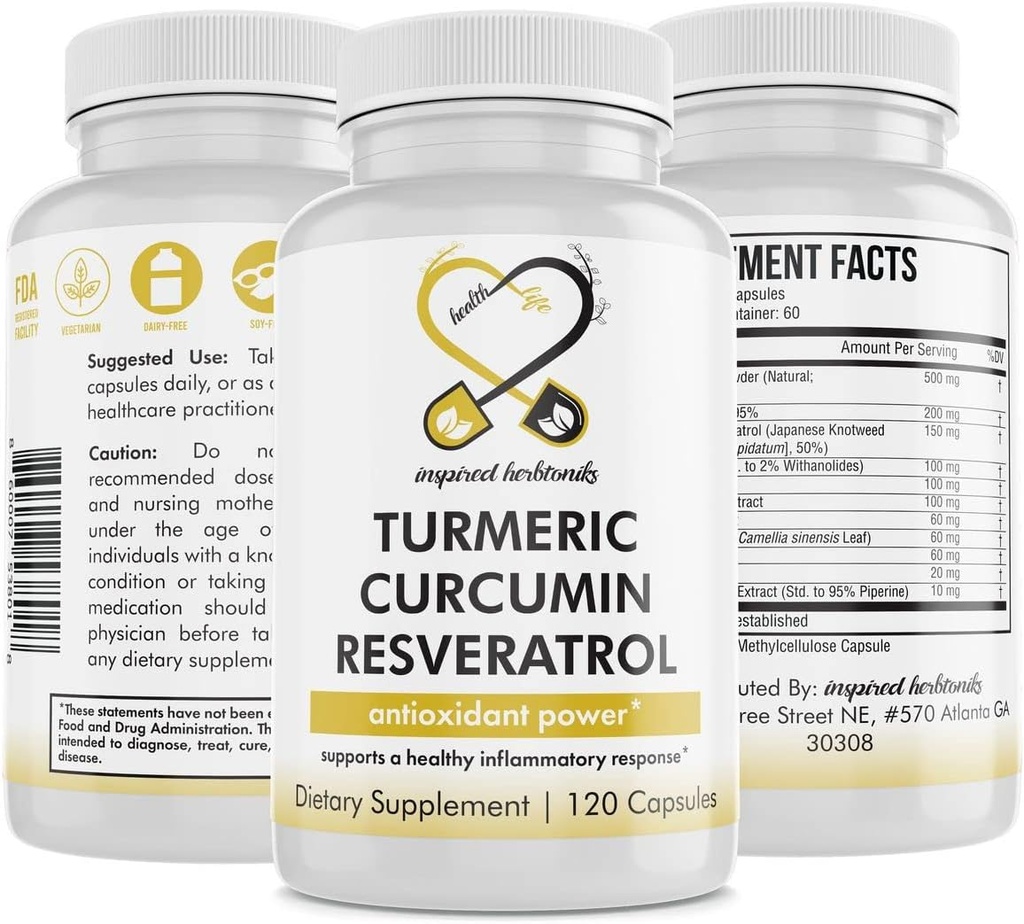 Kurkuma Curcumine Resveratrol Voedingssupplement, Antioxidant Eigenschappen, Ondersteunt Goede Ontsteking en Immuun Systeem, 120 Vegan Capsules