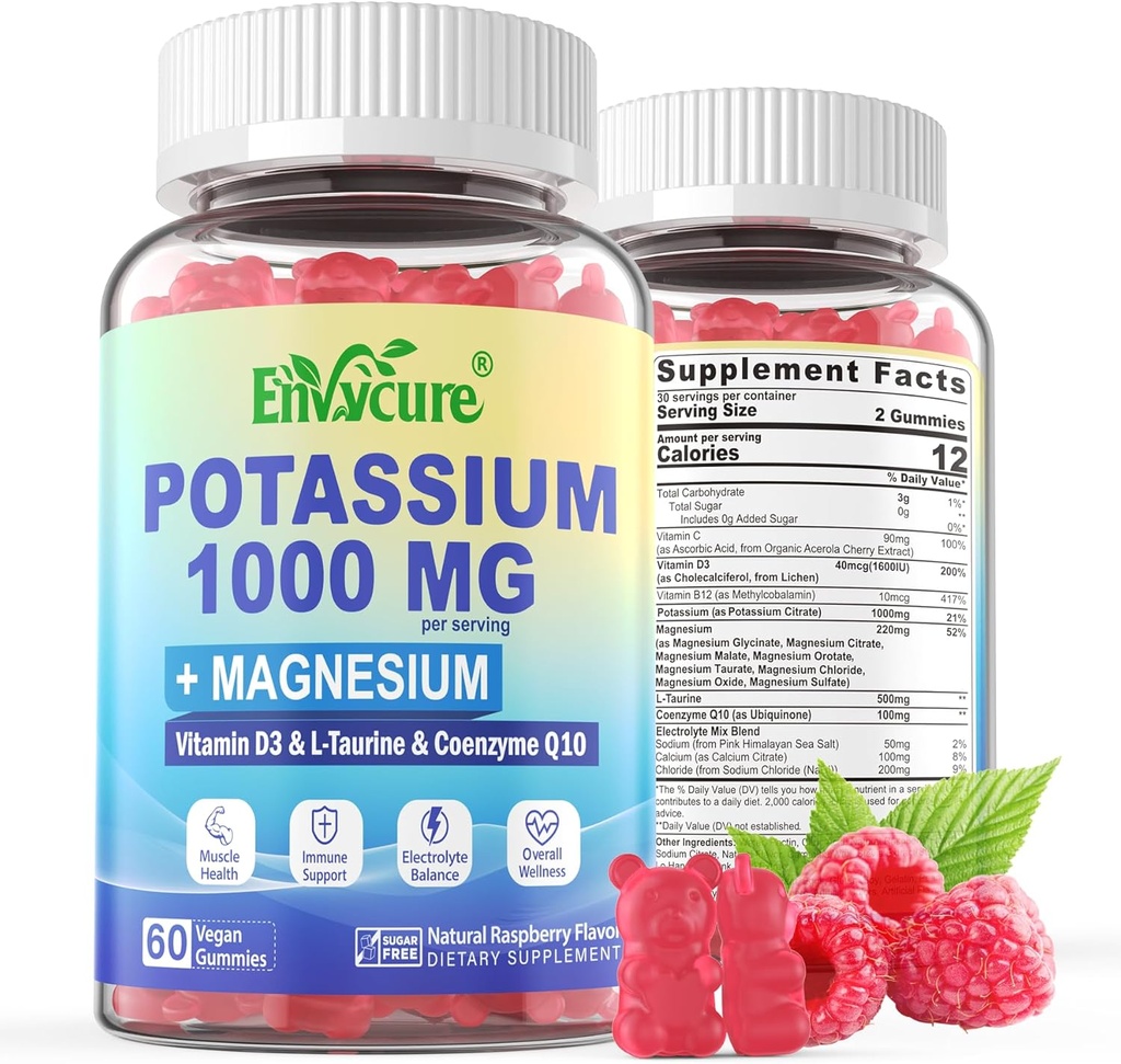 Kaliumsupplement Gummies - 1000mg Kaliumcitraat met Magnesium Complex/Glycinate/Citraat, Coq10, L-Taurine, B12,D3