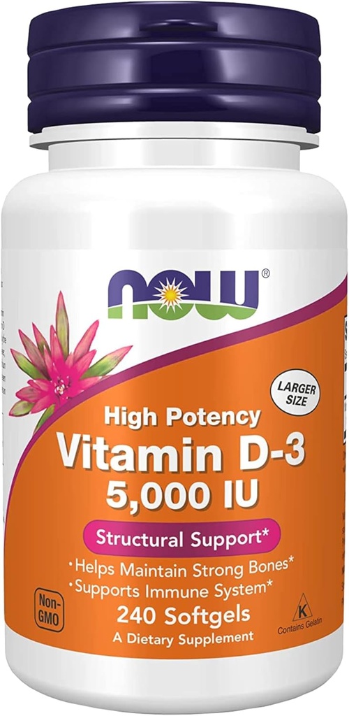 Suppléments, vitamine D-3 5 000 UI, haute puissance, soutien structurel*, 240 Softgels avec porte-clés de nutrition mondiale