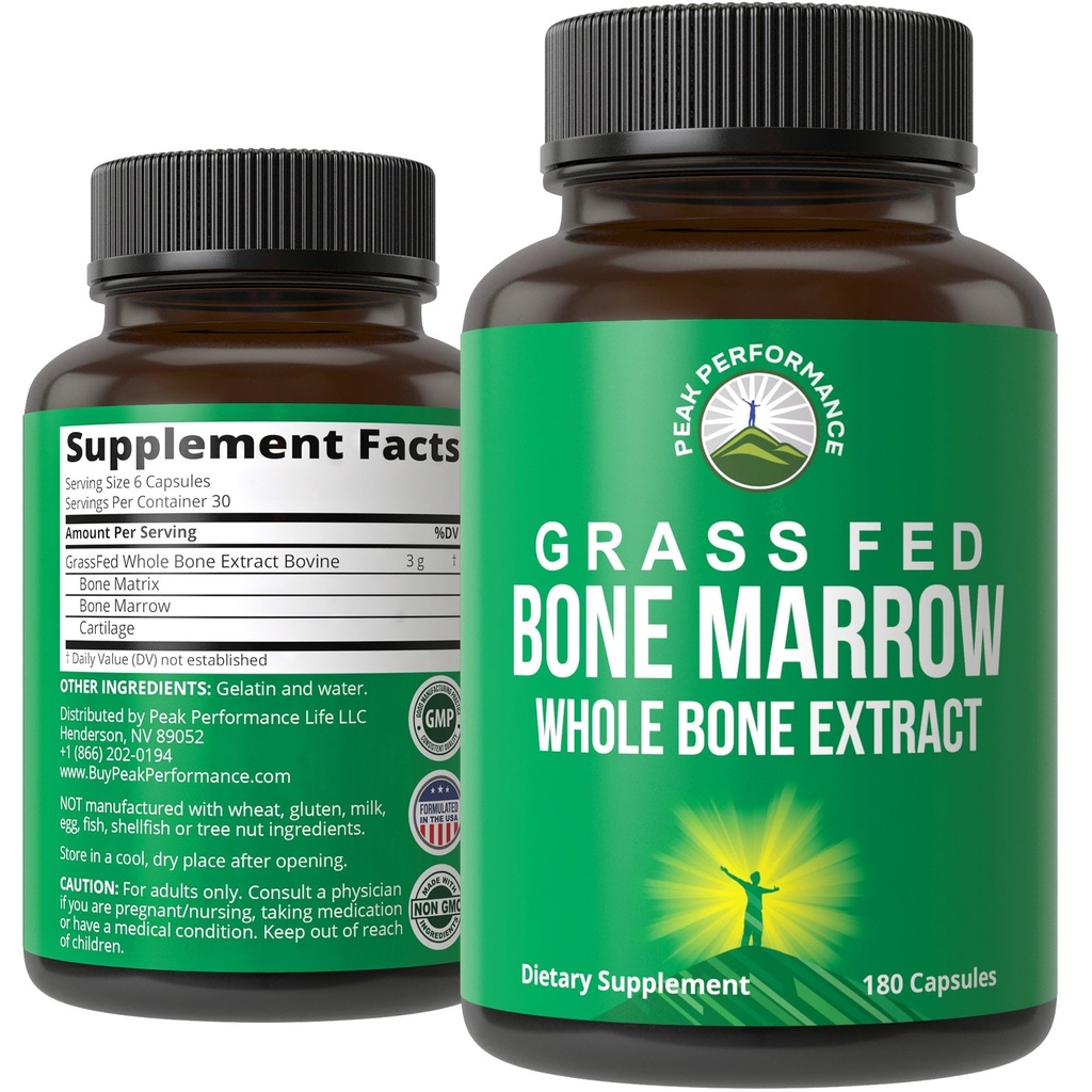 Peak Performance Grass Fed Bone Marrow - Whole Bone Extract Supplement 180 Capsules Superfood Pillen Rijk aan collageen, vitamines en aminozuren. van Bone Matrix, Marrow, Cartilage. Voorouderlijke tabletten