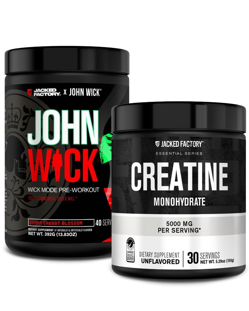 Jacked Factory X John Wick - Wick Mode Pre Workout Powder (Osaka Cherry Blossom, 40 Servers) & Createine Monohydraat Powder (Unflavored, 30 Servers)