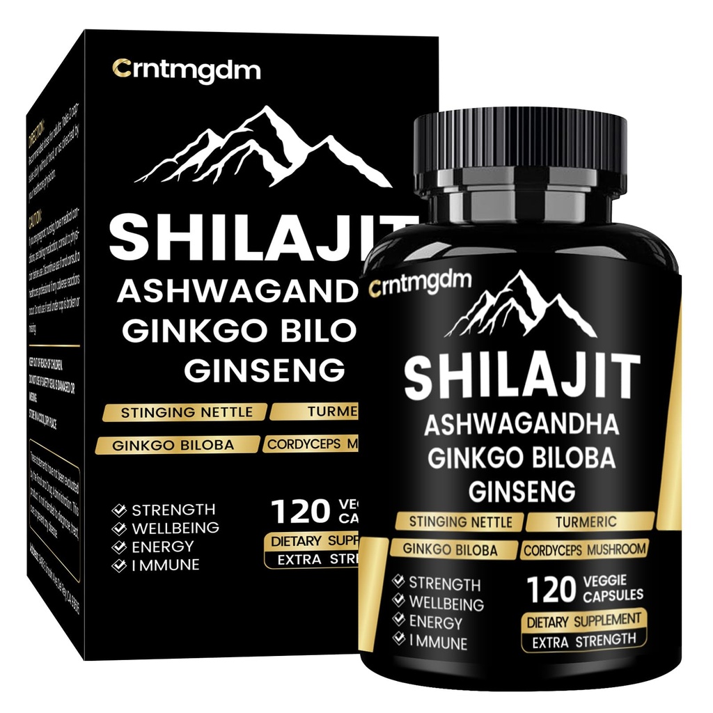 Shilajit Capsules - 20.000mg Pure Himalaya Biologische Shilajit voor mannen en vrouwen met Ashwagandha, Ondersteunt vitaliteit en Wellness, Premium Shilajit Pure Himalaya Supplement, 120 Capsules