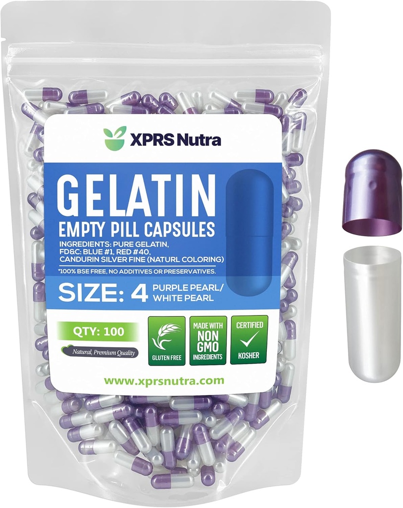 XPRS Nutra Maat 4 Lege Capsules - 100 Tel kleine lege Gelatine Capsules - Pillen DIY Capsule vullen - Vulbare Pure Bovine Pill Gel Caps voor Do-It-Yourself Supplements (Parel Paars/Wit)
