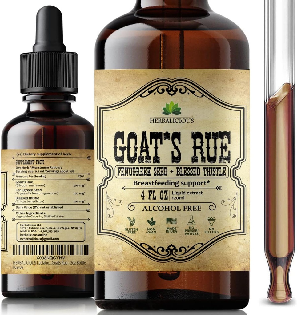 HERBALICIOUS Geit's Rue Liquid Extract 4 fl oz - Natural Herbal Tinctuur met Goat's Rue, Fenegriek Zaden, Gezegende distel - Alcoholvrije non-GMO Borstvoeding Supplement voor verhoogde moedermelk