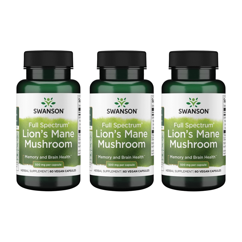 Swanson Lion's Mane Mushroom - Traditioneel Brain Booster supplement Gemaakt van Hericium Erinaceus (60 capsules, 500mg Elke) 3 Pack