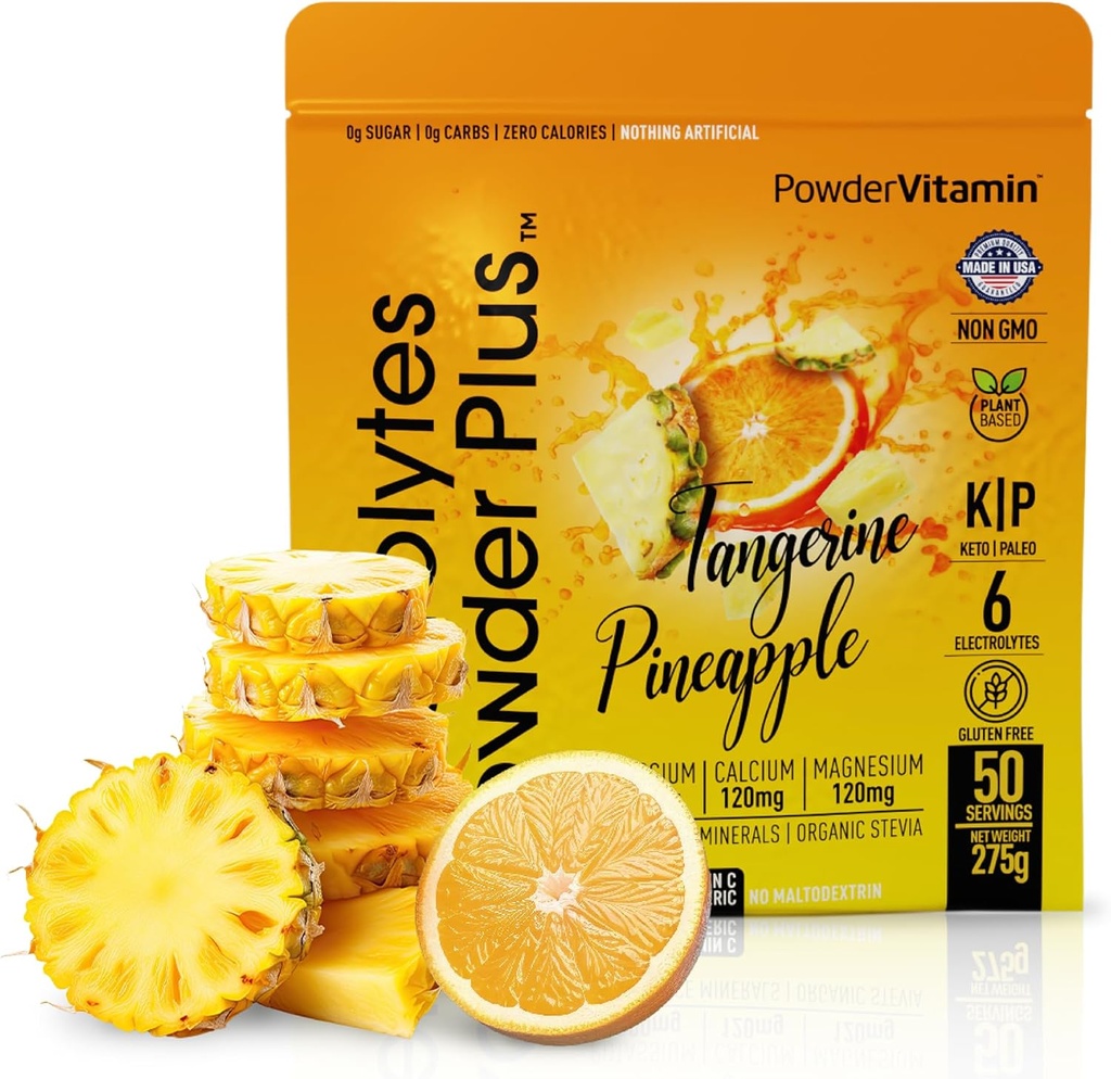 PoederVitamine Elektrolyten Poeder Plus (50 porties) Tangerine Ananas Electrolyte Poeder 0 Calorie Keto, 0 Suiker, Geen Maltodextrine,1000mg Kalium,120mg Calcium,120mg Magnesium, Hydratatiepoeder
