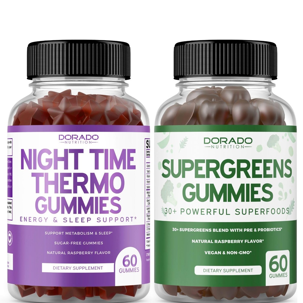 La nuit Fat Burner Gummies (60 comte) - Perte de poids et métabolisme Supplément de mélatonine sans sucre et Supergreens Gummies (60 comte) - Suppléments verts Immunity Support - Non OGM & USA Made