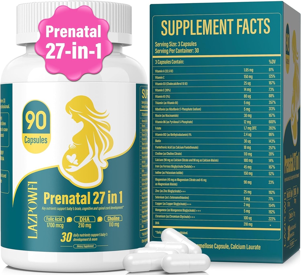 Prenatale vitamines voor vrouwen Postnatale multivitamine met foliumzuur DHA Choline voor zwangere en borstvoeding Vrouwen Niacinamide Biotine en mineralen 27 in 1 Supplement 90 Capsules-30 Serven