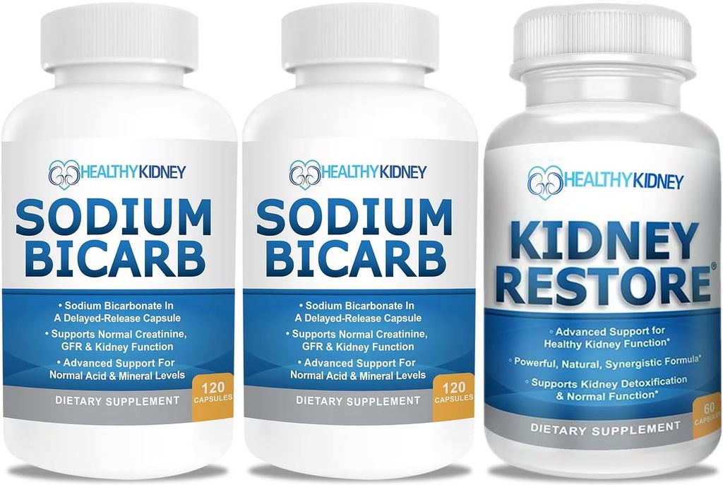 Natriumbicarbonaat 650mg Capsules for Acid Relief, Alkalinity 120 Pillen 2-pack + Nieren Herstel Nieren Reiniging en Nier Gezondheid Supplement, 60 caps