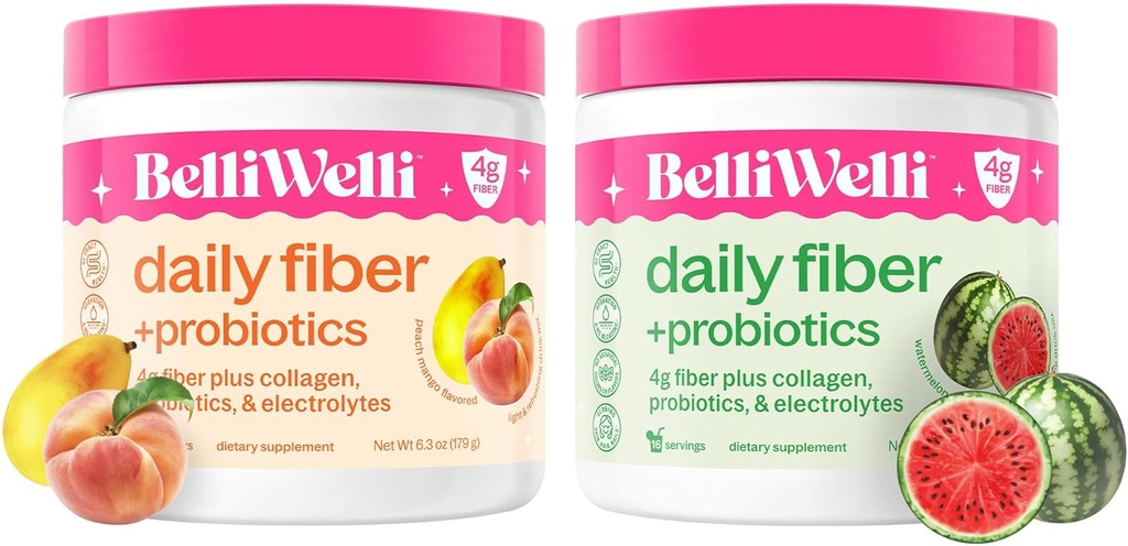 Belli Welli Daily Fiber Supplement Bundle with Collagen, Probiotics & Electrolytes – Peach Mango & Watermelon Flavors – Soutient la digestion, l'équilibre gustatif, le dégel – 32 portions Total