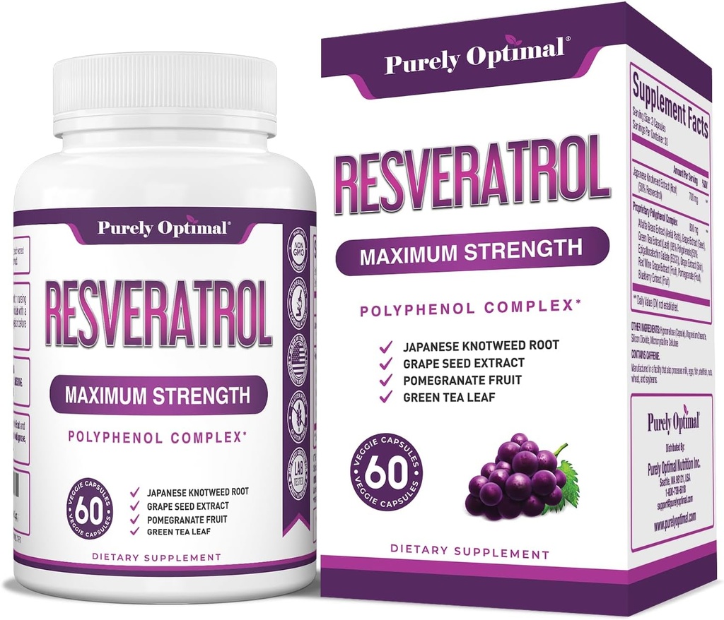 Purely Optimal Resveratrol Supplement 1500mg – Trans-Resveratrol from Japanese Knotweed, Polyphenol Complex – Supports Graceful Aging, Vitality, Cognitive & Skin Health – 60 Vegan Capsules