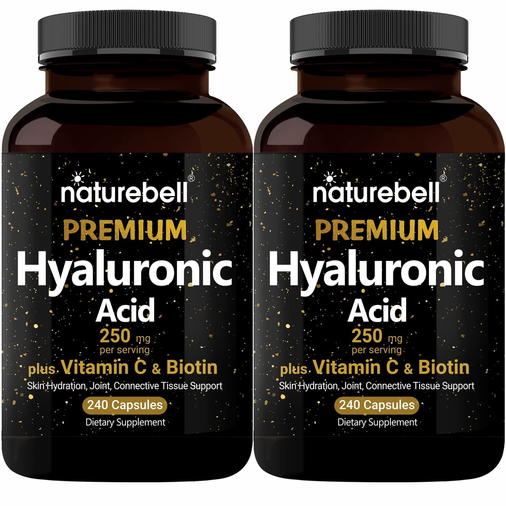 NatureBell 2 Pack Plant Based Hyaluronzuur Supplementen 250mg met 25mg vitamine C & Biotin 5000mcg, 480 Totaal Capsules 