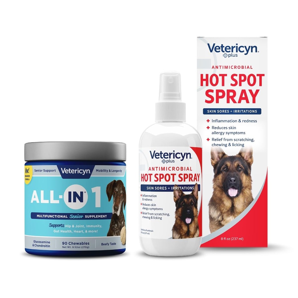 Vetericyn All-in 1 Multifunctionele Senior Hondensupplement met Glucosamine en Vetericyn Plus Hot Spot Spray