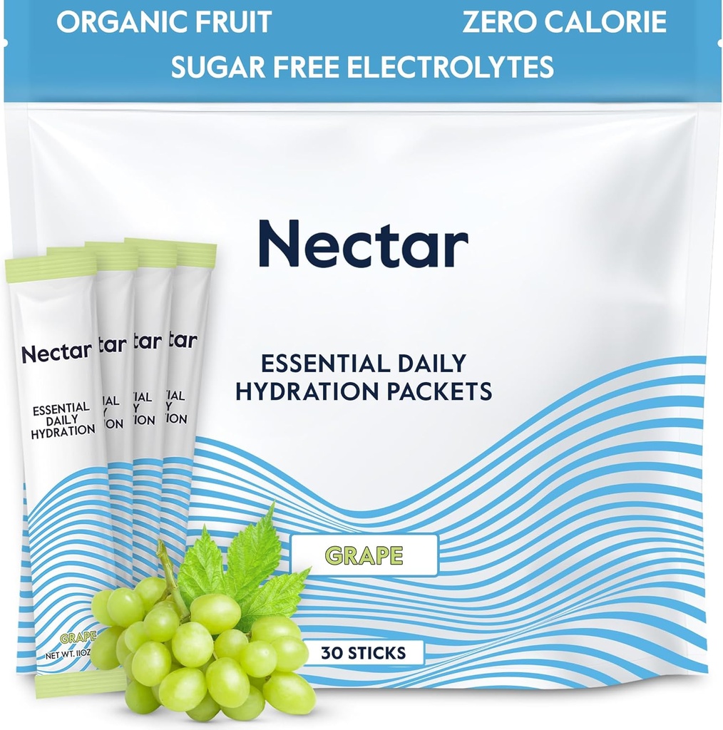 Paquets d'hydratation Nectar - Paquets de poudre d'électrolytes - Sans sucre & 0 Calorie - Fruits organiques liquides IV Poudre d'électrolytes pour déshydratation et réhydratation rapide (paquet 30)