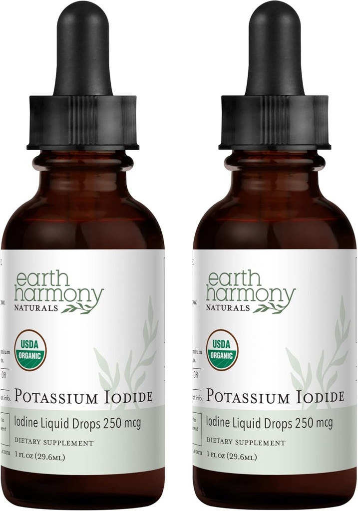 USDA Organic Kaliumiodide 250 mcg Liquid Supplement 2-pack (1-jaar supply) - Ondersteunt de schildklier Gland en helpt blootstelling en lage niveaus van Jodium - Meer Bio beschikbaar dan tabletten, pillen - 1 Fl Oz