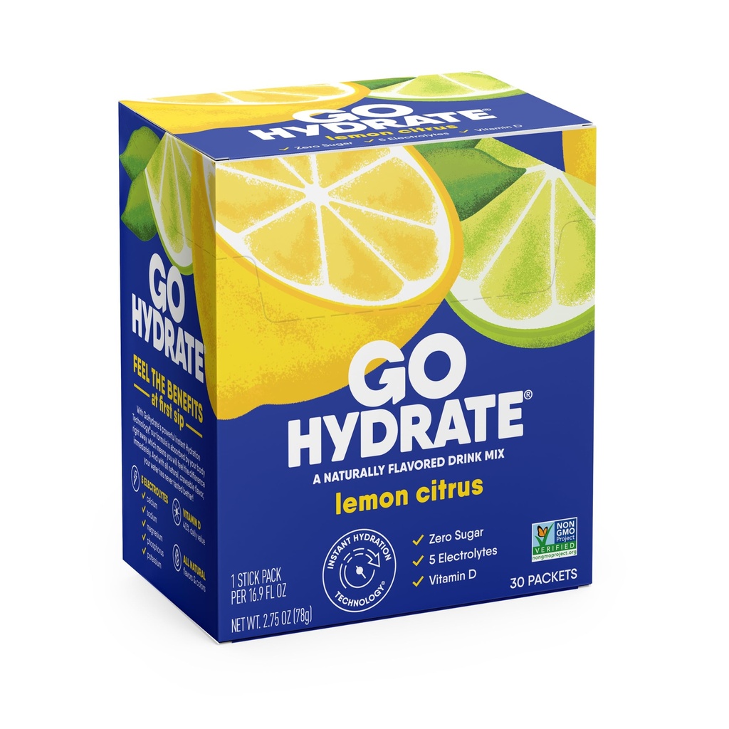 GoHydrate Instant Hydration Powder Packets - Low Sodium Electrolytes Drink Mix - Natural Hydration Support, Sugar Free Electrolyte Flavored Powder Drink met Vitamine D, 30 Packs, Citroen Citrus