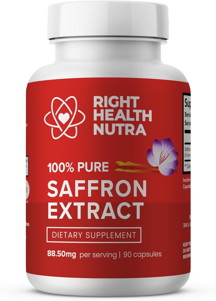 Santé droite Nutra Saffron Suppléments - 100% Extrait pur de safran - Fabriqué aux États-Unis - Soutiens Mood-Soin Focus-Digestion - 90 Capsules