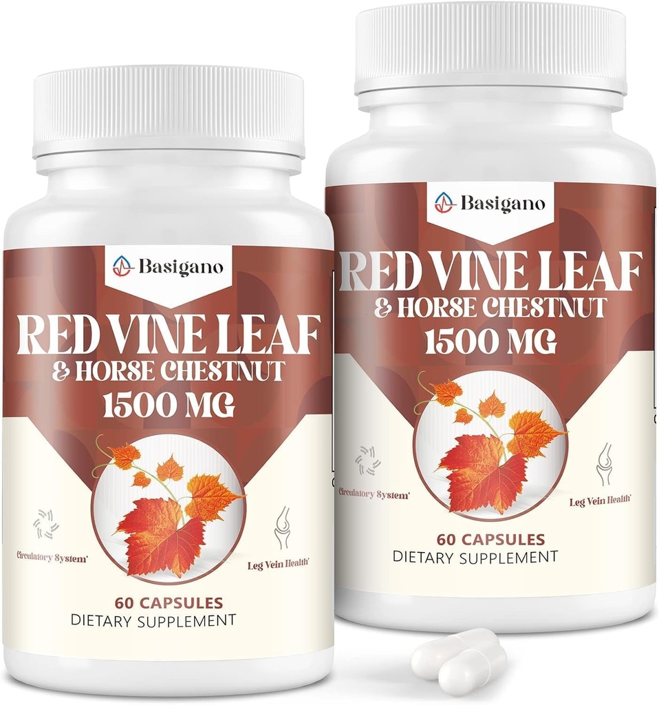 Suppléments de gélules d'extrait de vigne rouge et de châtaigne de cheval (Vitis Vinifera) 1500mg - Extrait de premium pour les veines saines, la circulation, le cœur, la peau (2 Pack)