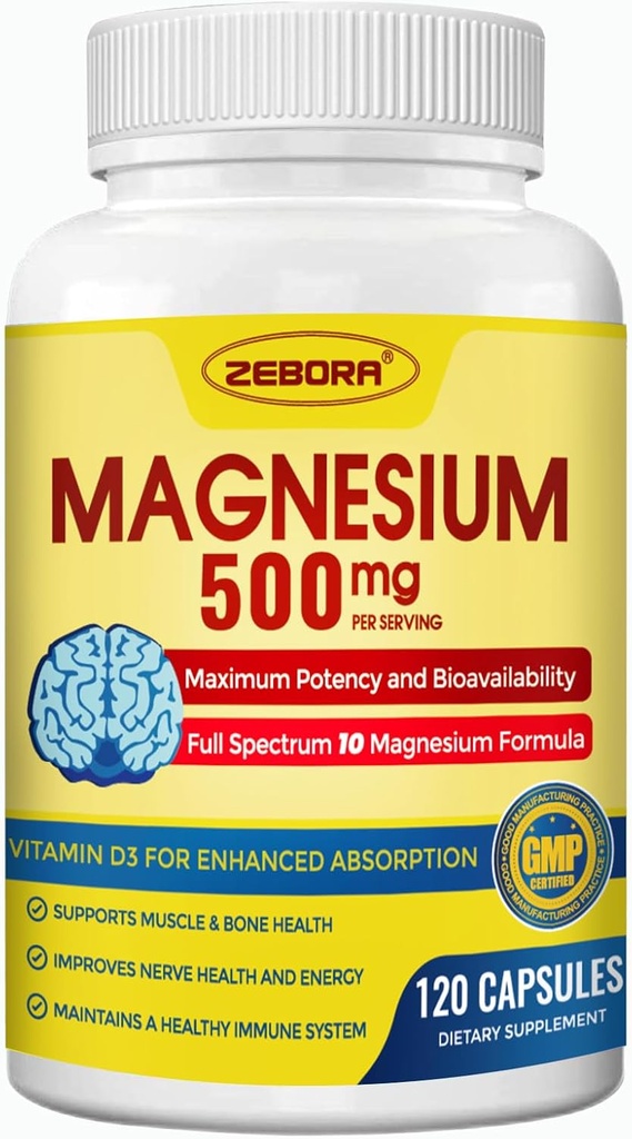 Magnesium Complex Supplement, 500 mg Magnesium Glycineer met Citrate & Malate, Chelated Form for High Absorptie with Zink & Vitamin D3 for nerve, Muscle & Bone Support, 115 Capsules