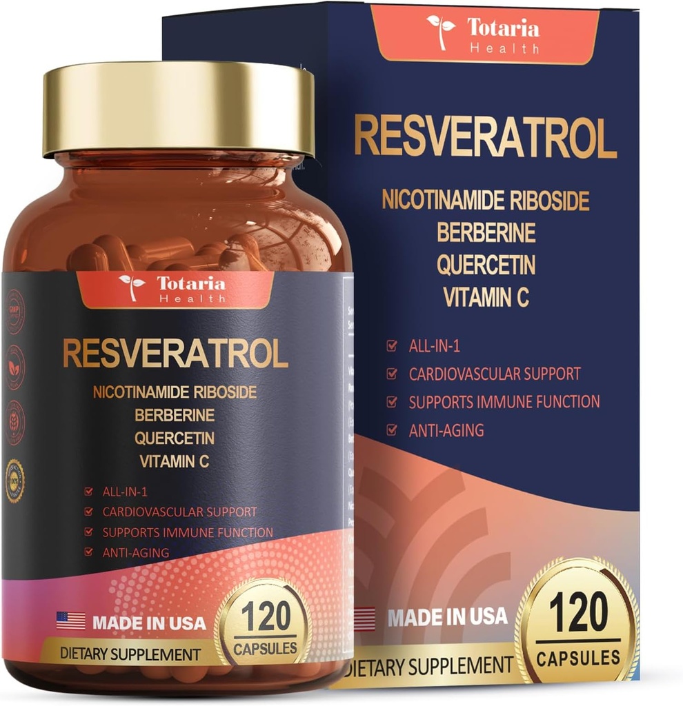 Resveratrol Supplement Extra Strength with Berberine Quercetin Green Tea Extract Grape Seed Extract Polyphenol Antioxidant Supplement Antioxidant & Heart Health Support 120 Capsules