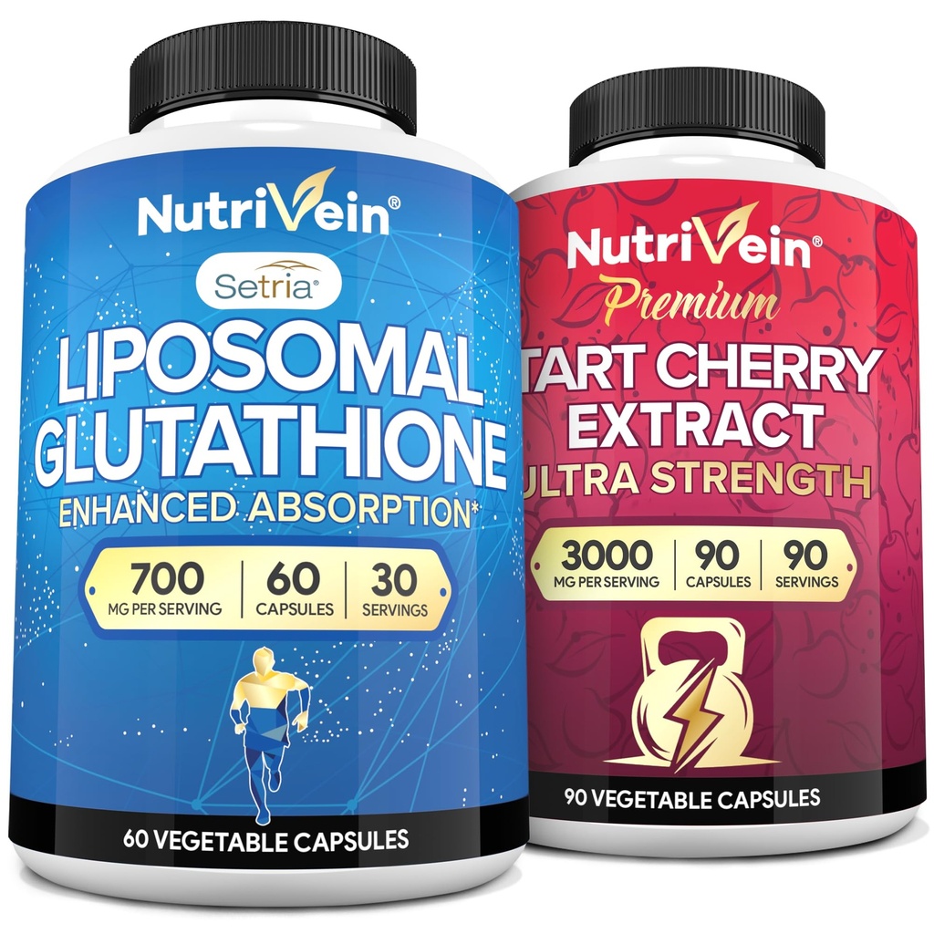 Nutrivein Premium Supplément de glutathion liposomique et capsules de cerise à tart: supplément de glutathion à haute absorption et capsules d'extrait de cerise à tart pour désintoxication, récupération et défenses