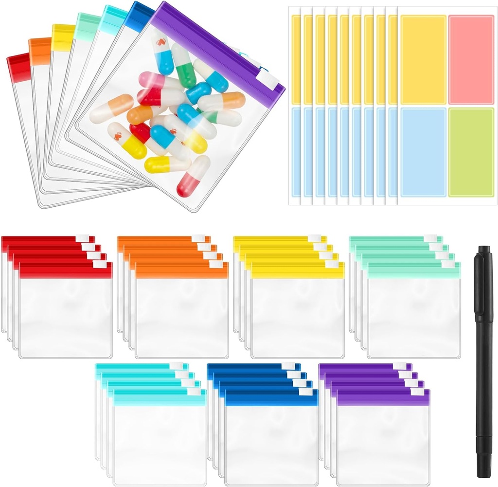 39 stuks pil zakjes geritsde pil zakken voor reizen Herbruikbaar met 28 stuks kleine pil Organizer zakjes en 10 stuks Sticker voor medicijn Organisator zakken