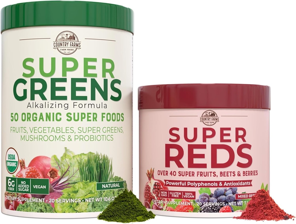 LAND LANDBOUW Essentiële Pack, Super Greens Poeder en Super Reds, Verpakt met 50 Biologische Super Foods en 40 Super Fruit, Natuurlijke Energie, Opgeblazen Ondersteuning, Ongearomatiseerde & Berry smaak, 17,7 oz, 2 Pack