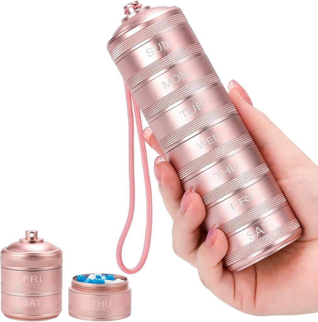 Metal Pill Organizer 7 Dag - Waterdichte Weekly Travel Pill Box Daily Pill Case met 7 Compartments, Pill Container voor Vitamine Geneeskunde Supplementen Visolie, Roze