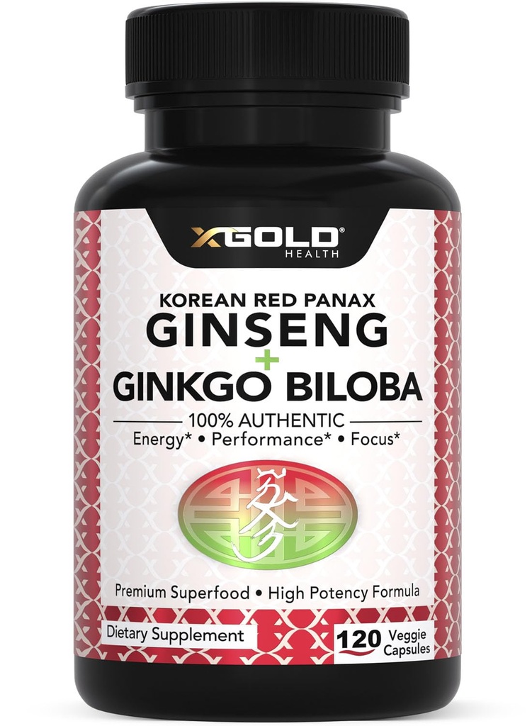 X Gold Health Korean Red Panax Ginseng + Ginkgo Biloba 7% Ginsenosides Extra Strength Energy, Memory, Focus & Brain Support Premium Supplement for Men & Women Non-GMO, 120 Vegan Capsules