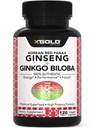 Authentique Panax Rouge Coréen Ginseng 1200mg + Ginkgo Biloba 160mg – Ginsénoside élevé Extra Force – Énergie, Mémoire, Focus et Santé du cerveau – Capsules végétaliennes pour hommes et femmes – 120 Compte