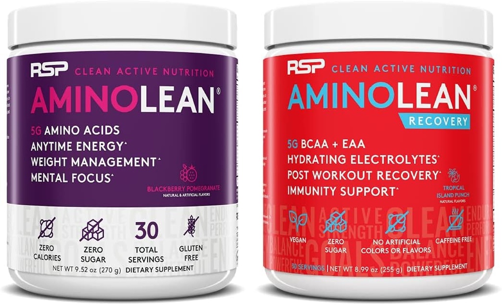 RSP NUTRITION AminoLean énergie de pré entraînement (BlackBerry grenade 30 portions) avec AminoLean récupération après l'entraînement boost (Tropical Island Punch 30 portions)