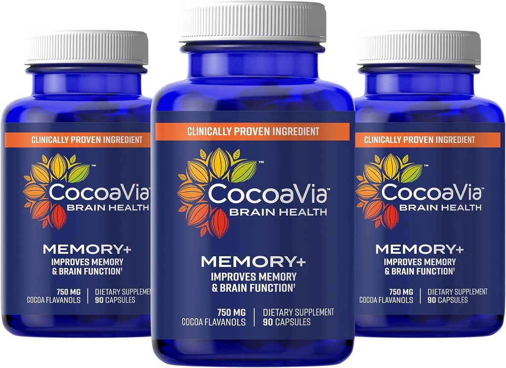 Cocoavia Memory+ Brain Supplement, 90 Day, 750 mg Cocoa Flavanols, Memory & Brain Booster, Veganistisch, Plant Based, Glutenvrij, 270 Capsules
