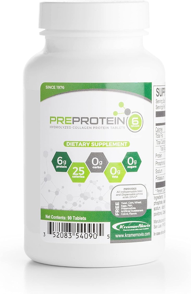 PreProtein® Unflavored Hydrolyzed Collageen Protein Suikervrije vetvrije carb-vrije, Aminozuren Proteïne Tablets, gebruikt door gezondheidszorgsystemen, 90 tabletten