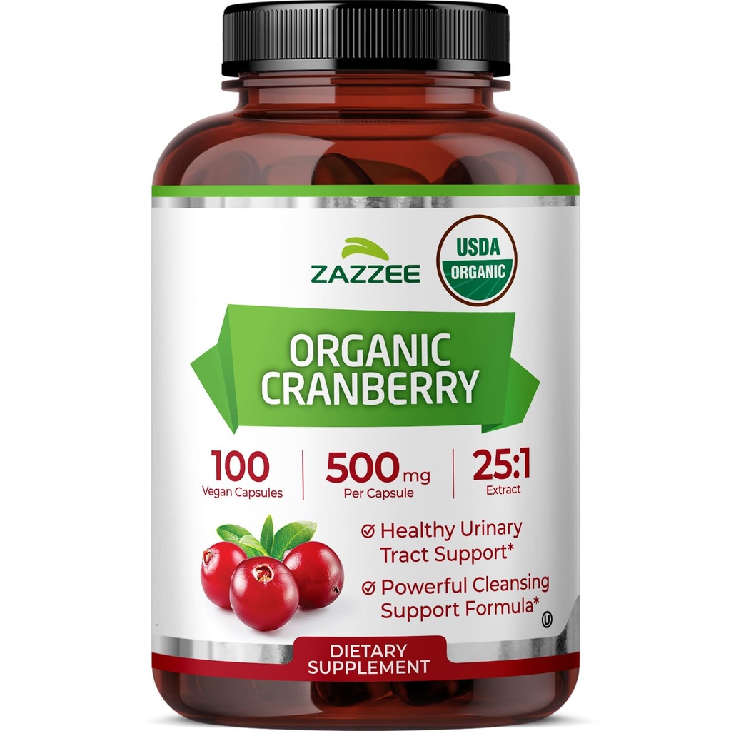 Zazzee USDA Extrait de canneberge biologique 25:1, 500 mg par capsule, 100 capsules végétaliennes, plus de 3 mois d'approvisionnement, normalisé, extrait concentré 25X, 100% végétarien, certifié biologique, non-OGM tout naturel