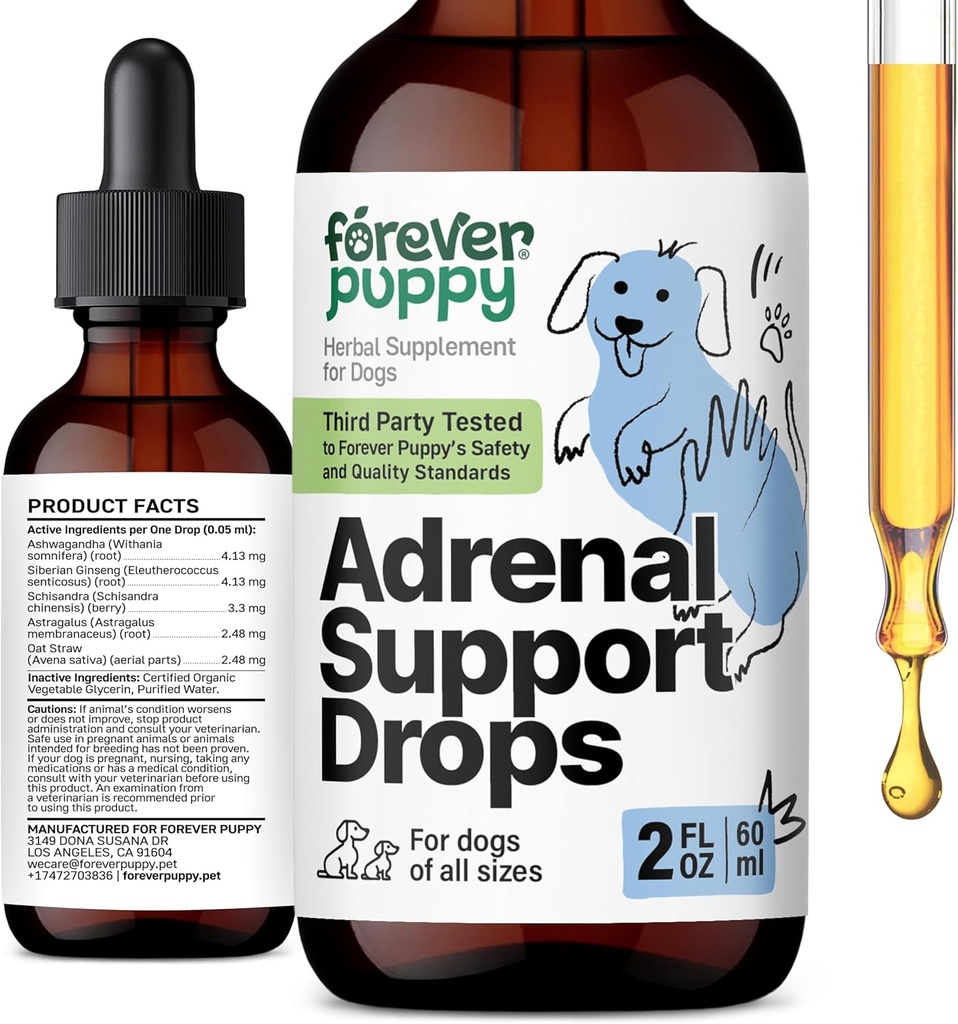 Forever Puppy Adrenal Support Drops for Dogs - Pure Ashwagandha & Ginseng Root Tinctuur voor Adrenal Health & Energy Ondersteuning - Calming Care Liquid Supplement voor honden van alle rassen en maten - 2 oz
