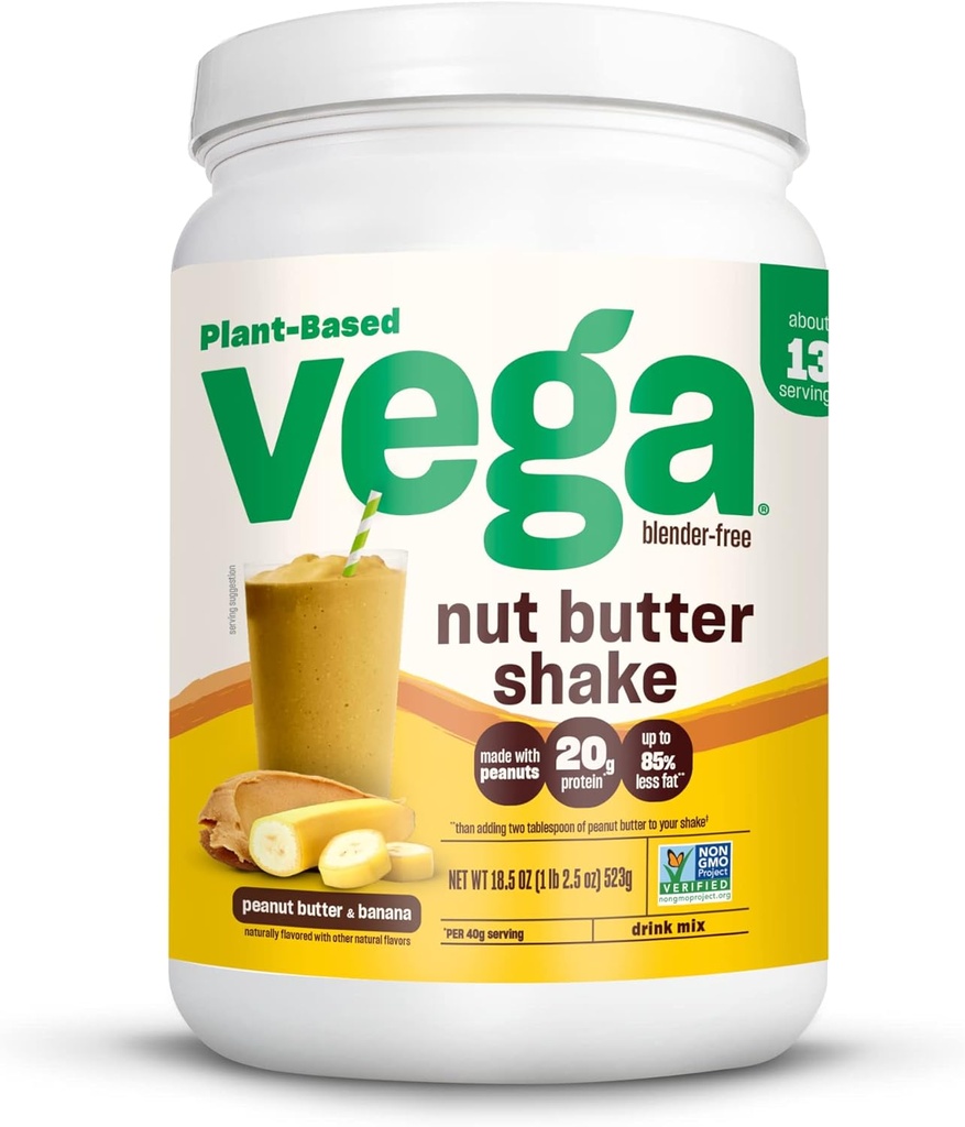 Vega Nut Butter Shake, Peanut Butter & Banana - Vegan Protein Poeder, 20g Proteïne, Real Food Ingredients, No Added Sugar, 1,39 lbs
