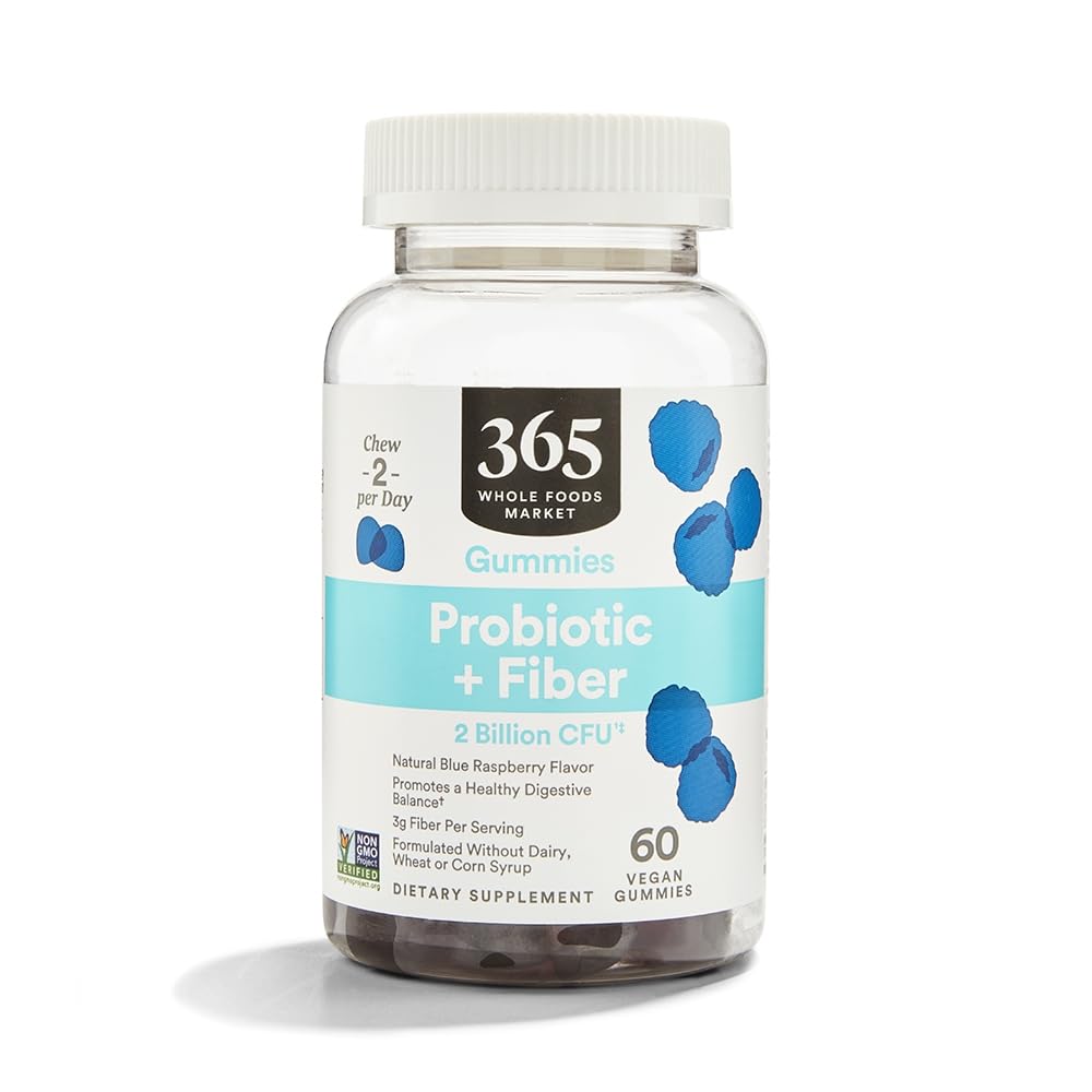 365 par Marché des aliments entiers, Probiotique + Gommies de fibre 2 Million CFU, Arôme de framboise bleue naturelle, 60 ct