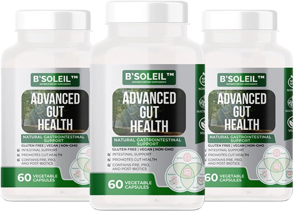 Verpakking van 3 geavanceerde Gut Health Probiotica - Pre, Pro en Post Biotica - Natuurlijke gastro-intestinale ondersteuning - Glutenvrij, Veganistisch en niet-GMO - 25 miljard CFU - 60 capsules in elke verpakking