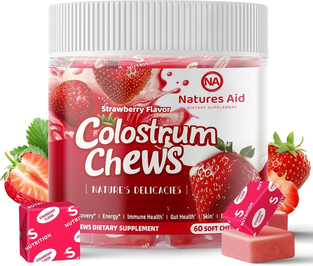 Colostrum Chews Supplement with probiotics for Gut Health, Bloating, Immune Support, Skin, Hair Growth and Beauty - Strawberry Flavor (60 Servings)