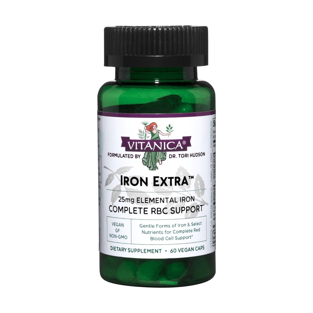 Vitanica Iron Extra, IJzersupplement Verhoogde absorptie met vitamine C 500mg, Methylfolaat 400mcg, B12 Vitamine 500mcg, Calcium, Gele Dock, Dandelion Root & Nettle Leaf Extract, Vegan, 60 Capsules