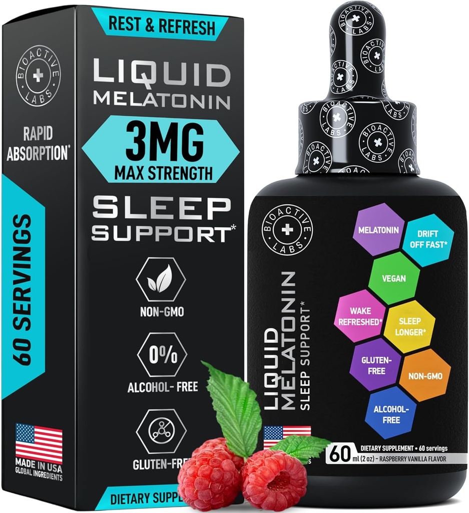 Liquid Melatonine voor volwassenen en kinderen - 3mg Extra sterkte Sublingual Liquid Melatonine voor kinderen en volwassenen - Slaap snelle liposomale druppels - Natuurlijke Raspberry Flavor Slaaphulp - 60ml