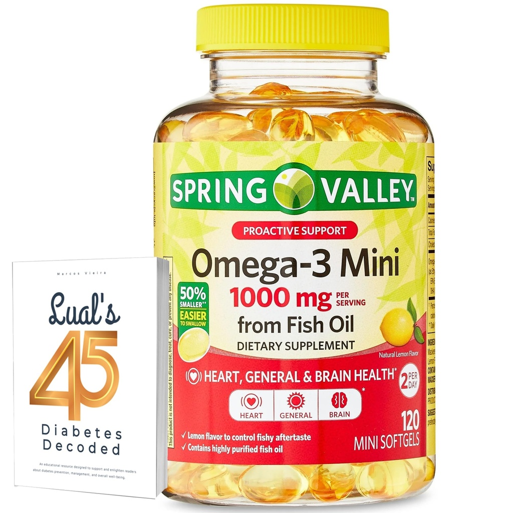 Spring Valley Omega-3 Mini van Fish Oil 1000 mg, 120 Graaf, Dieetsupplement, Omega 3 Mini Softgels Bundel met Luall's 45 Diabetes Decoded