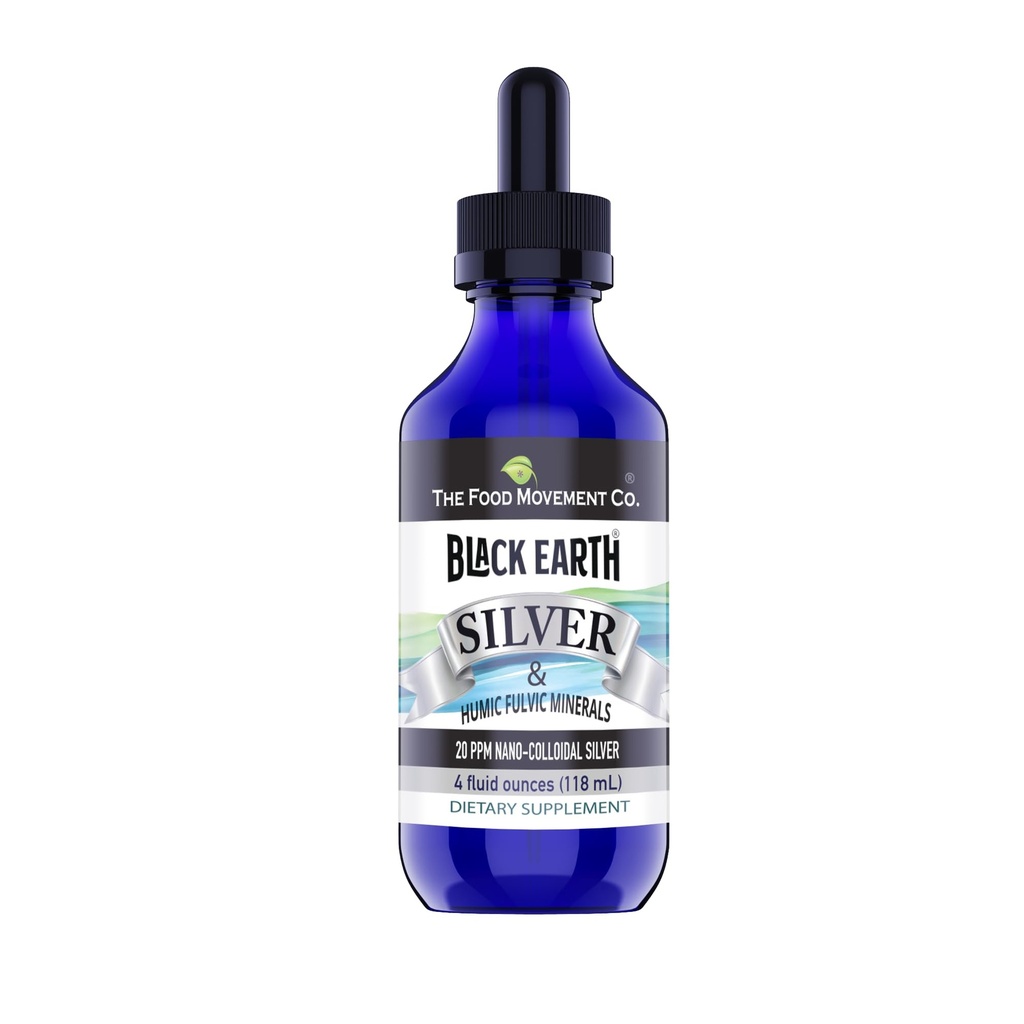The Food Movement Co. Black Earth Silver 20ppm 4 oz Dropper - Vegan Collective Silver Liquid with Humic and Fulvic Acids and Trace Minerals for Digestie, Immune Support, and Whole Body Health