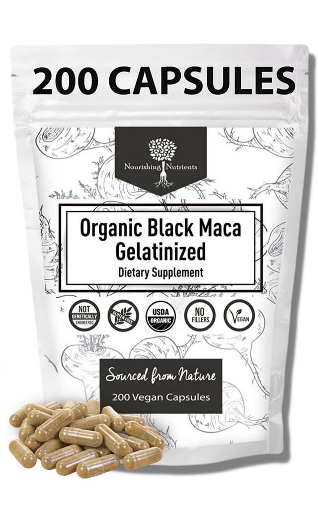 Maca noir gélatinisé biologique – 3X plus forte 200 capsules pour les hommes et les femmes, supplément d'énergie naturelle pour la concentration, la performance, l'endurance et l'endurance, amélioration de l'humeur et stabilité, clarté mentale 1000mg