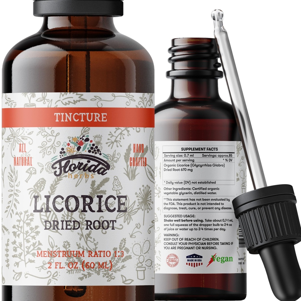 Likeur Tinctuur, Biologische Likeur Extract (Glycyrrhiza Glabra) Gedroogde Wortel, Kruidensupplement, Niet-GMO in Cold-Pressed Biologische Plantaardige Glycerine 2 oz, 670 mg